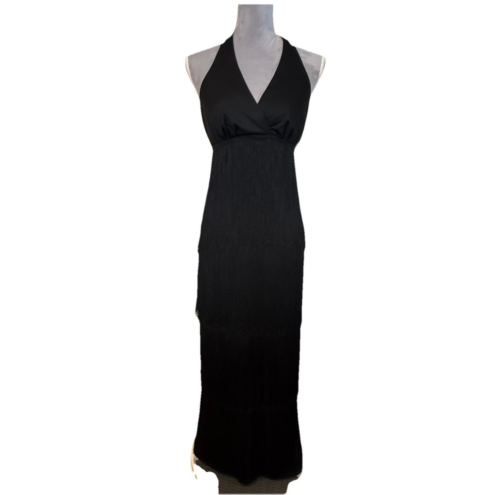 Vintage 70s Women's Jack Hartley Black‎ Flapper Halter Fringe Maxi Dress Size SM